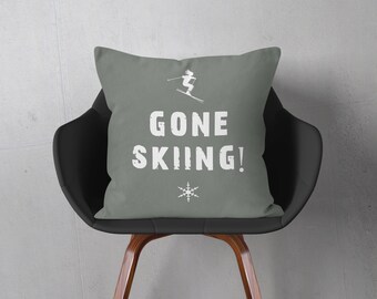 Gone Skiing Gray Ski Decor Pillow or Pillow Cover, Ski Home Decor, Winter Decor, Skiing Gifts, Skiing Pillows, Ski Stuff Ski Chalet Decor