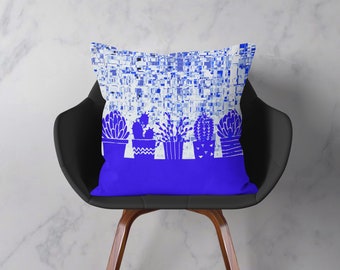 Blue Cactus, Modern Pillow or Cover, Home Decor, Potted Plants Decorative Throw Pillow, Digital Art, Spring Decor, Modern Blue Decoration