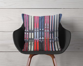 Ski Decor Pillow or Cover, Vintage Skis with Bindings, ski house decor, winter chalet decor, lodge skiing gifts, skiing pillows, ski cabin