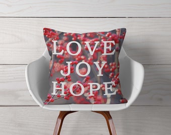 Love Joy Hope Pillow or Cover, Love Pillow, Home Decoration, Red Silver Black Pillow, Hawthorn Pillow, Country Living, Holiday Decor