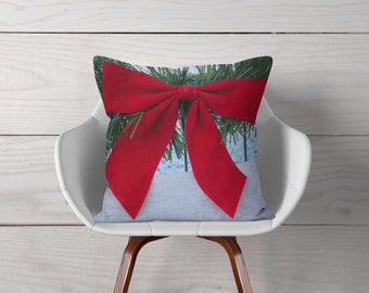 Christmas Bow, Pillow or Cover, Home Decor, Christmas Pillow, Red Bow Pillow, Christmas Decorations, Holiday Pillow, Country Winter Decor