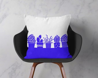 Blue Cactus, Modern Pillow or Cover, Home Decor, Potted Plants Decorative Throw Pillow, Digital Art, Spring Decor, Modern Blue Decoration