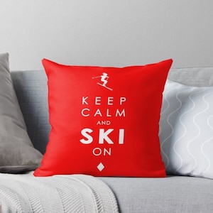 Ski Pillow  Keep Calm and Ski on,   home decor, red pillow, Ski Decor, Throw Pillow, Winter Decor, Ski Lodge Decor