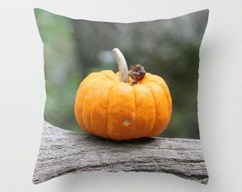 May include: A square throw pillow featuring a photographic print of a vibrant orange pumpkin with a light-colored stem resting on a textured, weathered gray wooden log. The background displays a soft-focus, blurred green and brown natural setting.