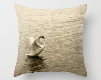 Swan, pillow or cover homedecor,Lake decor,landscape,interior design,sepia,Traunsee, Austria, rustic, monochrom, animal decor