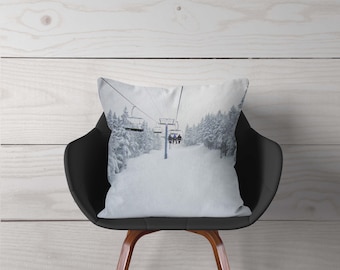 Telesilla, almohada o funda, algodón, lino, poliéster, decoración del hogar, decoración de invierno, blanco, gris, árboles, invierno, naturaleza, nieve, decoración de esquí