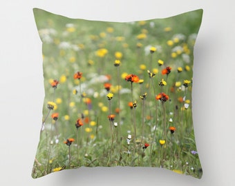 Blooming Summer Field, Decorative Pillow, home decoration, wildflowers, green, orange, yellow, floral decor, country living, garden pillow