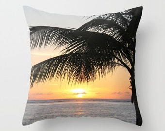Sunrise and Palm Tree pillow or cover, home decoration, black, orange, ocean, island living, modern design, nautical, beach decor, costal