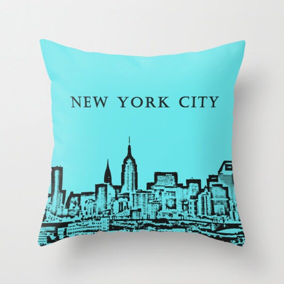 Manhattan Skyline Ny Cyan Pillow Home Etsy