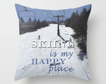 Skiing Happy Place, pillow or cover   home decor,winter,black,blue,White, Inspiration, Typography, Modern decoration, Interior Design