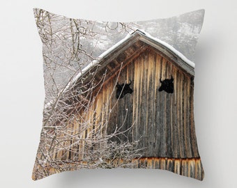 Barn in Austria, pillow or cover   home decoration,brown, white, snow, winter, rustic,farm,grey,country living,interior decor