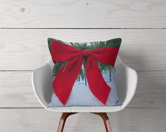 Christmas Bow, Pillow or Cover, Home Decor, Christmas Pillow, Red Bow Pillow, Christmas Decorations, Holiday Pillow, Country Winter Decor