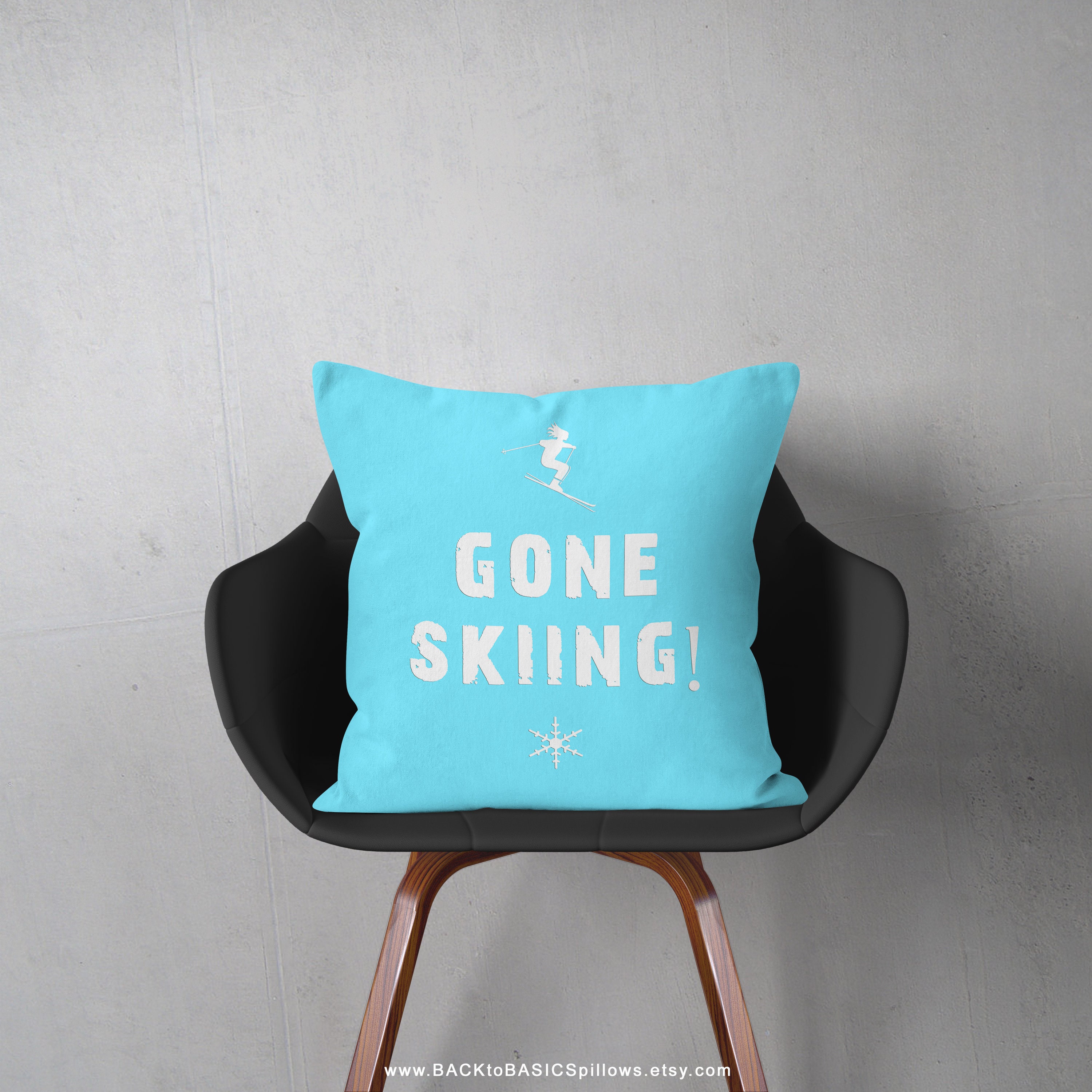 Gone Skiing Light Blue Ski Decor Pillow or Pillow Cover, Ski Home Decor