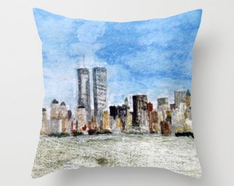 Manhattan Skyline before September 11, pillow or cover  , home decoration, landscape, cityscape, blue, blue sky,New York