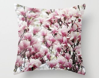 Magnolia, Pillow   home decoration, flowering tree,pink,white,black,floral pillow,country living,interior design,spring pillow