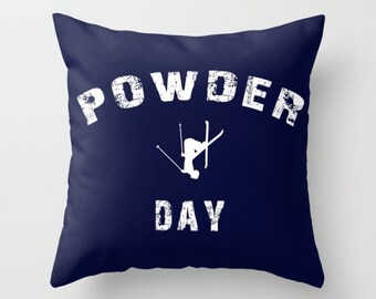 Ski pillow or cover, Powder Day,   home decor, navy blue, Ski Decor, Throw pillow or cover,Winter Interior Design, Skiing Gift, Free Skiing