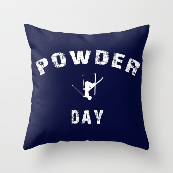 Ski pillow or cover, Powder Day,   home decor, navy blue, Ski Decor, Throw pillow or cover,Winter Interior Design, Skiing Gift, Free Skiing