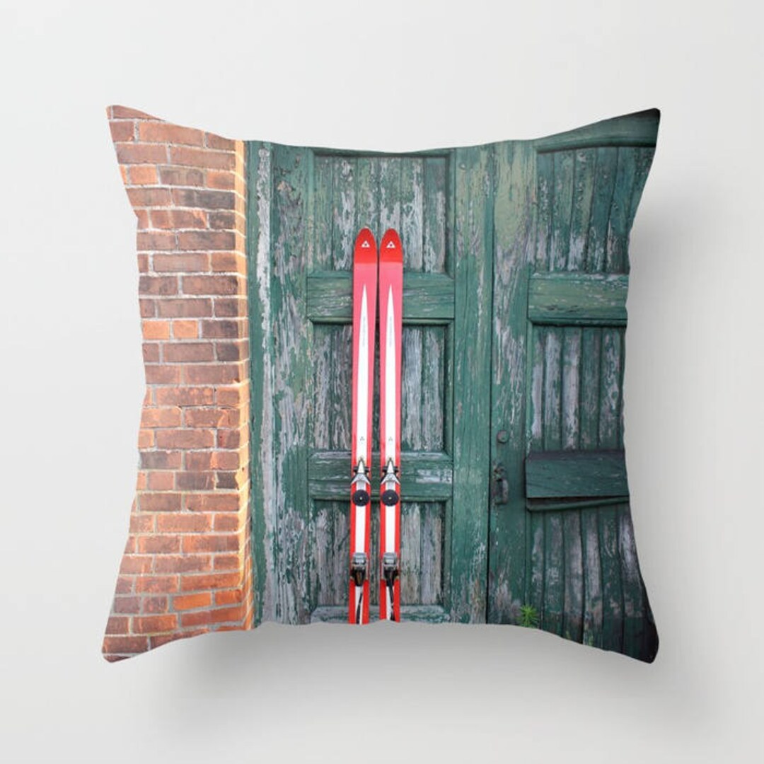 Ski Decor Pillow or Cover, Red Skis Against Green Weathered Door, Home