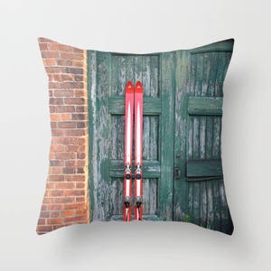 Ski Decor Pillow or Cover, Red Skis against Green Weathered Door,  home winter decor, skiing gifts, skiing pillows, Ski Lodge Home Decor