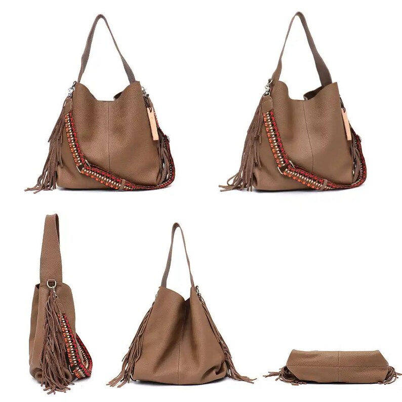 Black Genuine Leather Shoulder Hobo Tassels Bag Etsy