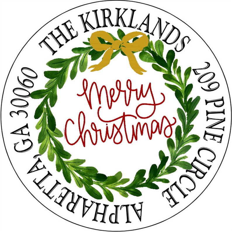 Christmas Address Labels Monogram Wreath Gold Ribbon Merry Christmas Round Address Labels for Gifts Favors Christmas Party Canning Label