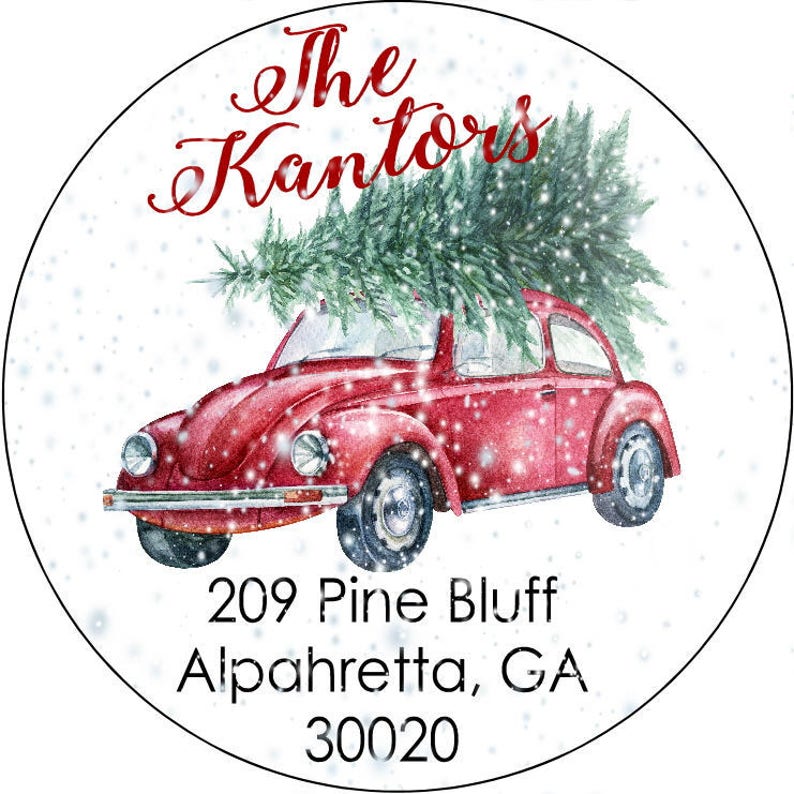 Christmas Address Labels Personalized Round Return Address Labels Red Volkswagon Vintage Classic VW Bug Snow Gift Favors Stickers Canning