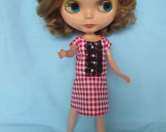 Blythe Doll Outfit Red White Checks Dentelle Robe