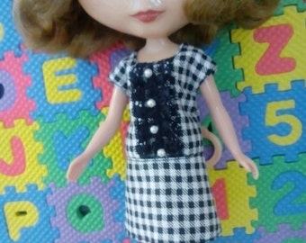 Blythe Doll Outfit Black White Checks Robe en dentelle