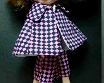 Blythe Doll Outfit black  Peach checks Cloak & pants set