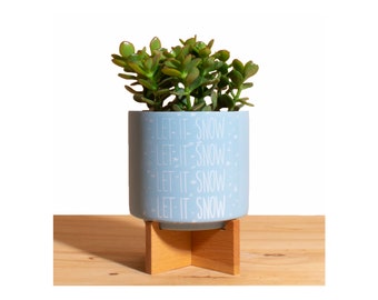 4" Decorative Ceramic 'Let It Snow' Pot with Plant and Wood Stand