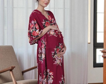 Floral Cotton Maternity Kaftan • Nursing + Birthing Gown • Hospital Robe Loungwear Spa Dress