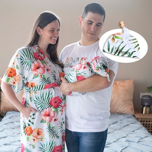 Mom dad baby hospital outfit, maternity robe, baby swaddle blanket, personalized hat, matching dad shirt, baby shower gift, Tropical.