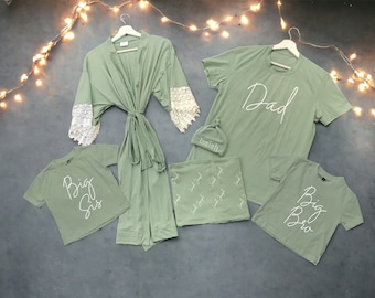 Sage green dad big bro sis shirts with matching Maternity Nursing Labor Delivery Robe & personalized Baby Swaddle Blanket and Hat