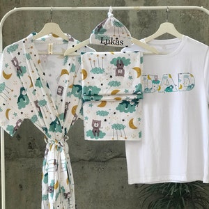 Mom dad baby boy matching hospital outfits. Maternity Robe and swaddle set girl. Mommy and me. Baby shower gift. Sleepy bear moon and stars.