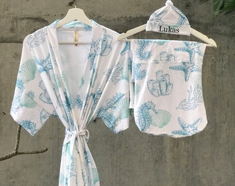 Maternity robe and swaddle set. Ocean theme. Mommy and me robe and swaddle set. Maternity robe for hospital. Matching and dad shirt