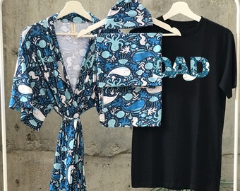 Maternity robe and swaddle set. Mommy and me. Swaddle set. Delivery robe. Hospital robe. Soft stretch cotton kimono. Ocean. Whales.