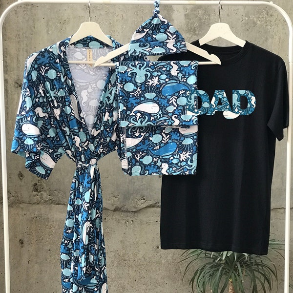 Maternity robe and swaddle set boy. Whale. Ocean. Mommy and me robe and swaddle set. Baby shower gift. Baby boy gift. Mommy and son outfits.