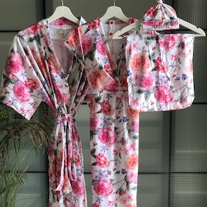 Mommy and me. Delivery gown. Matching swaddle set. Hospital gown for Labor and delivery. Maternity gown for nursing. Robe and swaddle set.