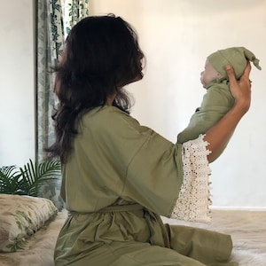Kimono robe Delivery gown, Maternity clothes, Maternity robe and swaddle set for labor and delivery, Baby shower gift, Organic clothing.