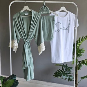 Sage Mommy and Me Outfit: Lace Robe,Blanket, Personalized Hat, Dad Shirt