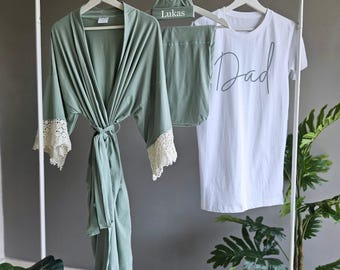 Sage Mommy and Me Outfit: Lace Robe,Blanket, Personalized Hat, Dad Shirt