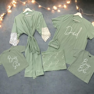 Sage Green Matching Family Shirts: Maternity Robe, Personalized Blanket & Hat