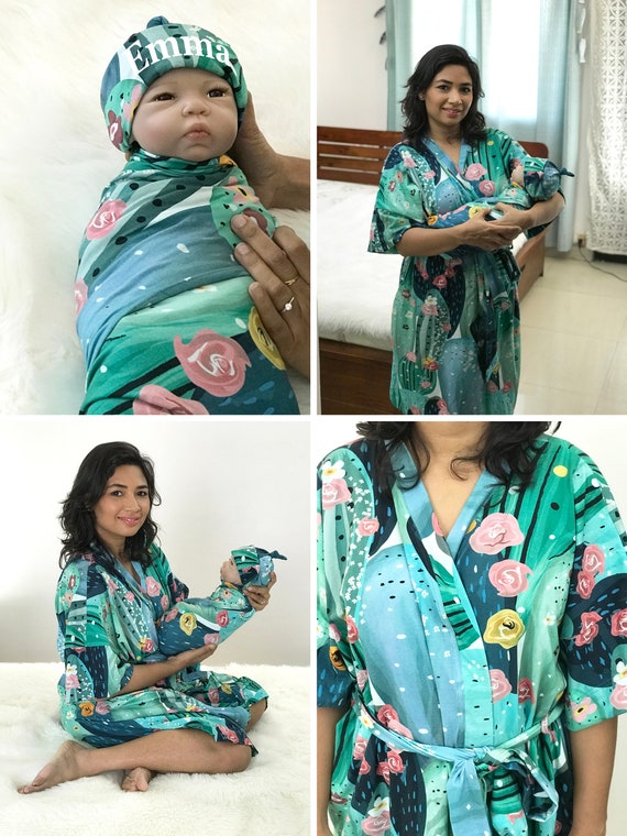 matching hospital gown and swaddle