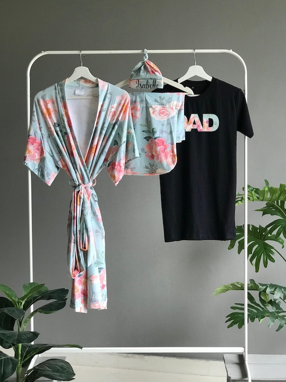 Floral Maternity Robe Set: Blanket, Personalized hat & Dad Shirt