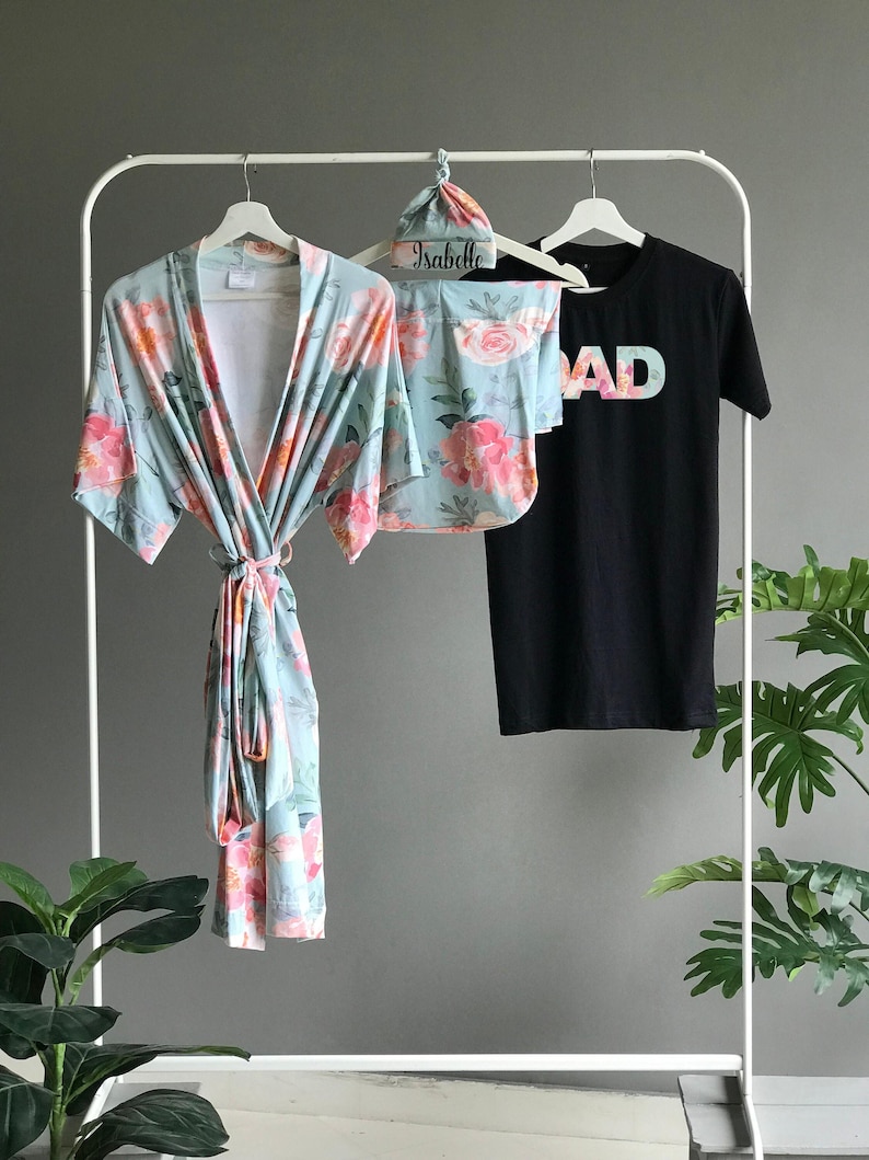 Floral Maternity Robe Set: Blanket, Personalized hat & Dad Shirt image 1
