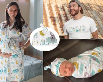 Sleepy Bear Labor and delivery Maternity robe and swaddle set boy, personalized baby hat & matching dad shirt. Mom dad baby hospital outfit.