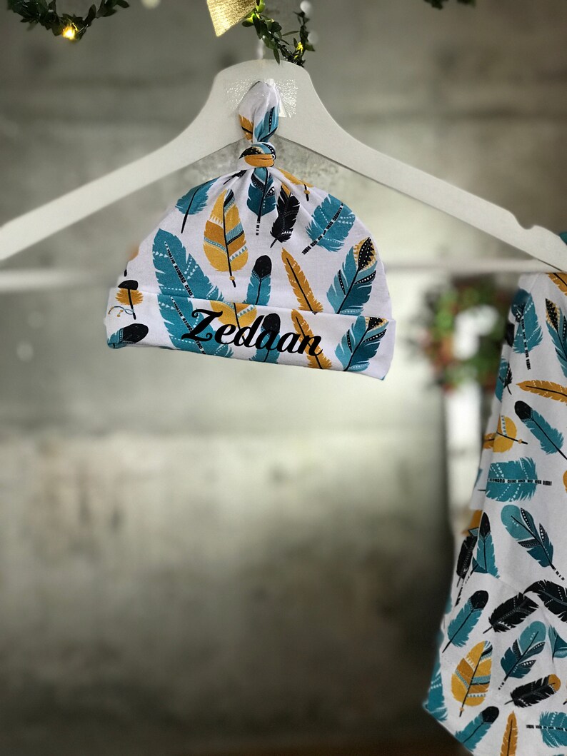 Hospital robe and matching baby swaddle for boy or girl. Mommy and me robe and swaddle set Feathers Maternity robe and swaddle set boy