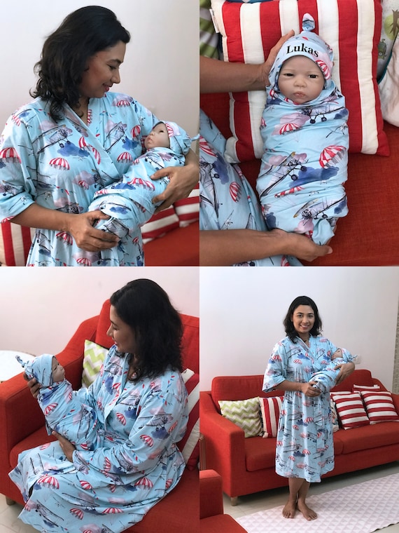 Conjunto de bata y arrullo premamá. Conjunto de bata y arrullo para mamá y  para mí. Camisa de papá a juego. Bata de maternidad. Conjunto de pañales -   México