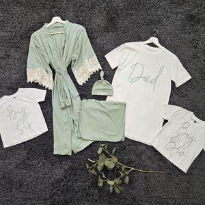 Sage Green Matching Family Outfit: Dad Shirt, Maternity Robe, Blanket & Personalized Hat