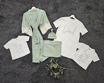Sage Green Matching Family Outfit: Dad Shirt, Maternity Robe, Blanket & Personalized Hat